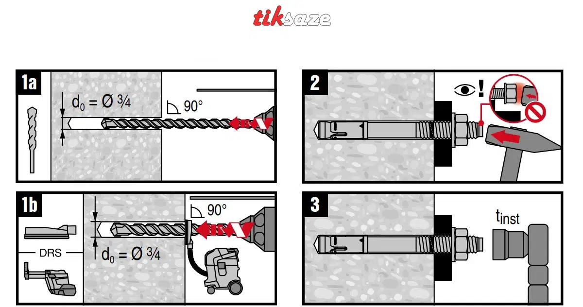 تصویر نحوه نصب انکر بولت مکانیکی هیلتی HILTI 3 SS 304